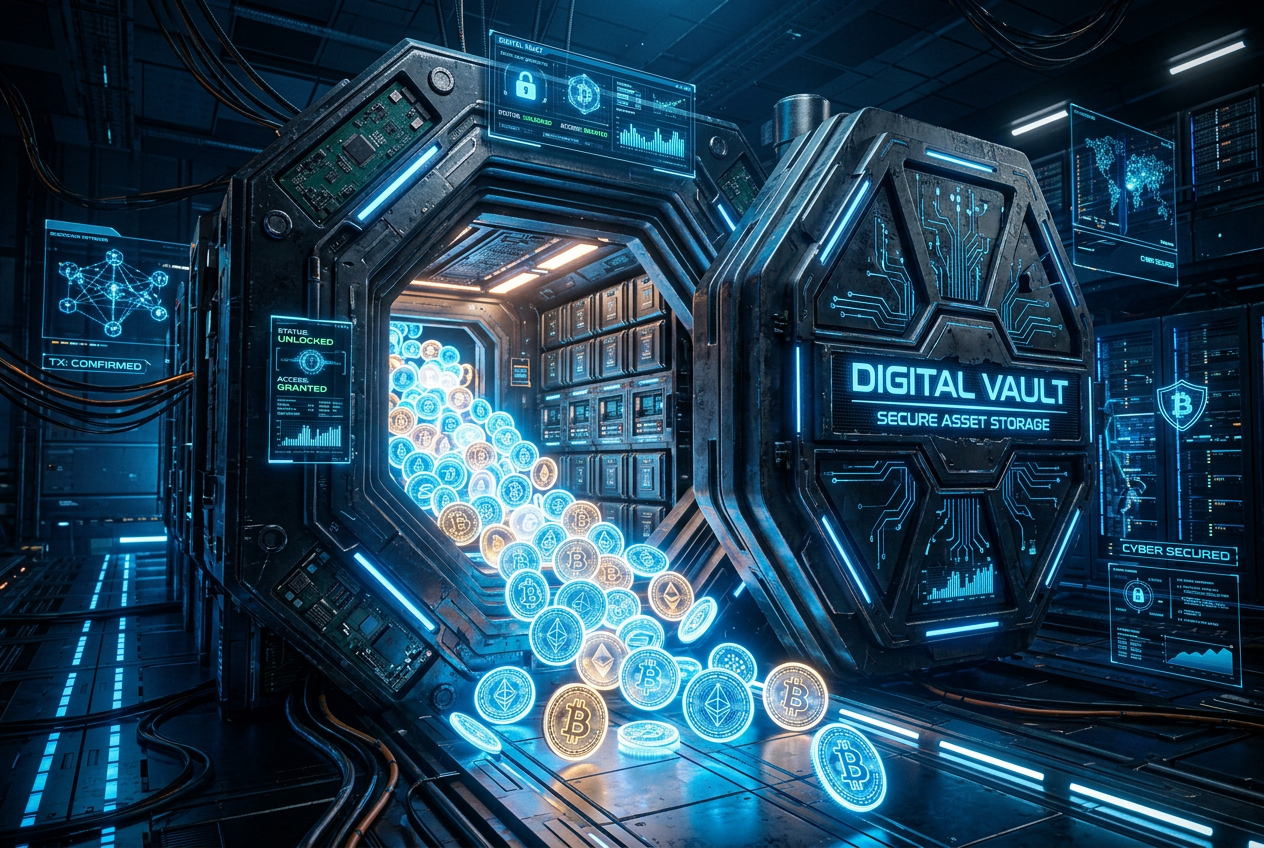 Futuristic digital cryptocurrency vault with glowing Bitcoin and Ethereum symbols showing blockchain security