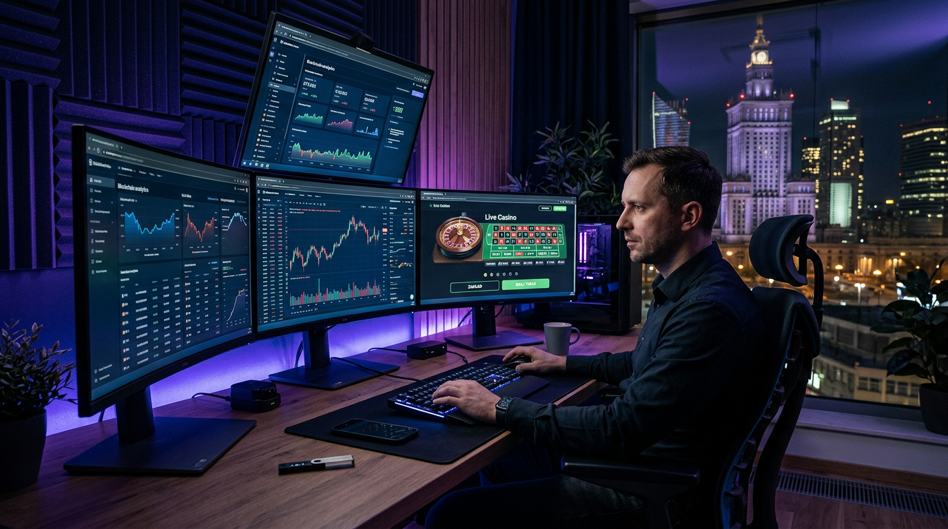 Futuristic blockchain gambling and crypto casino interface on a professional display