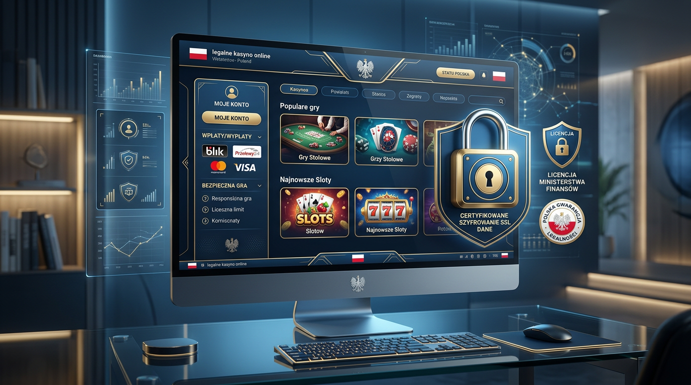 Futurystyczny interfejs legalnego kasyna online 2026 z elementami zabezpieczeń cyfrowych