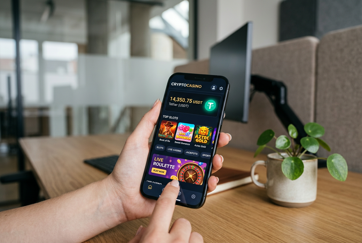 Modern smartphone displaying a crypto casino dashboard with balance in USDT next to a stylish cup of coffee