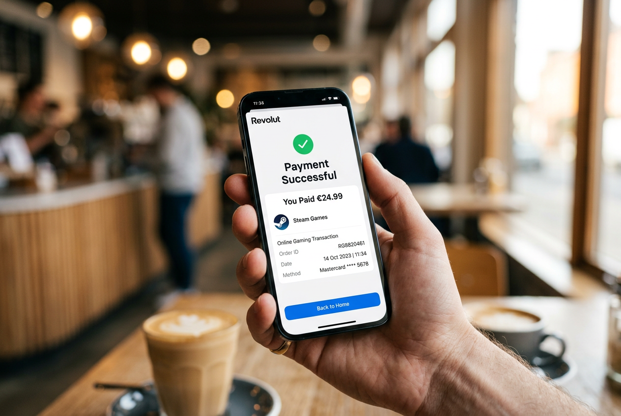 Interfejs aplikacji Revolut na smartfonie podczas zatwierdzania płatności w kasynie online